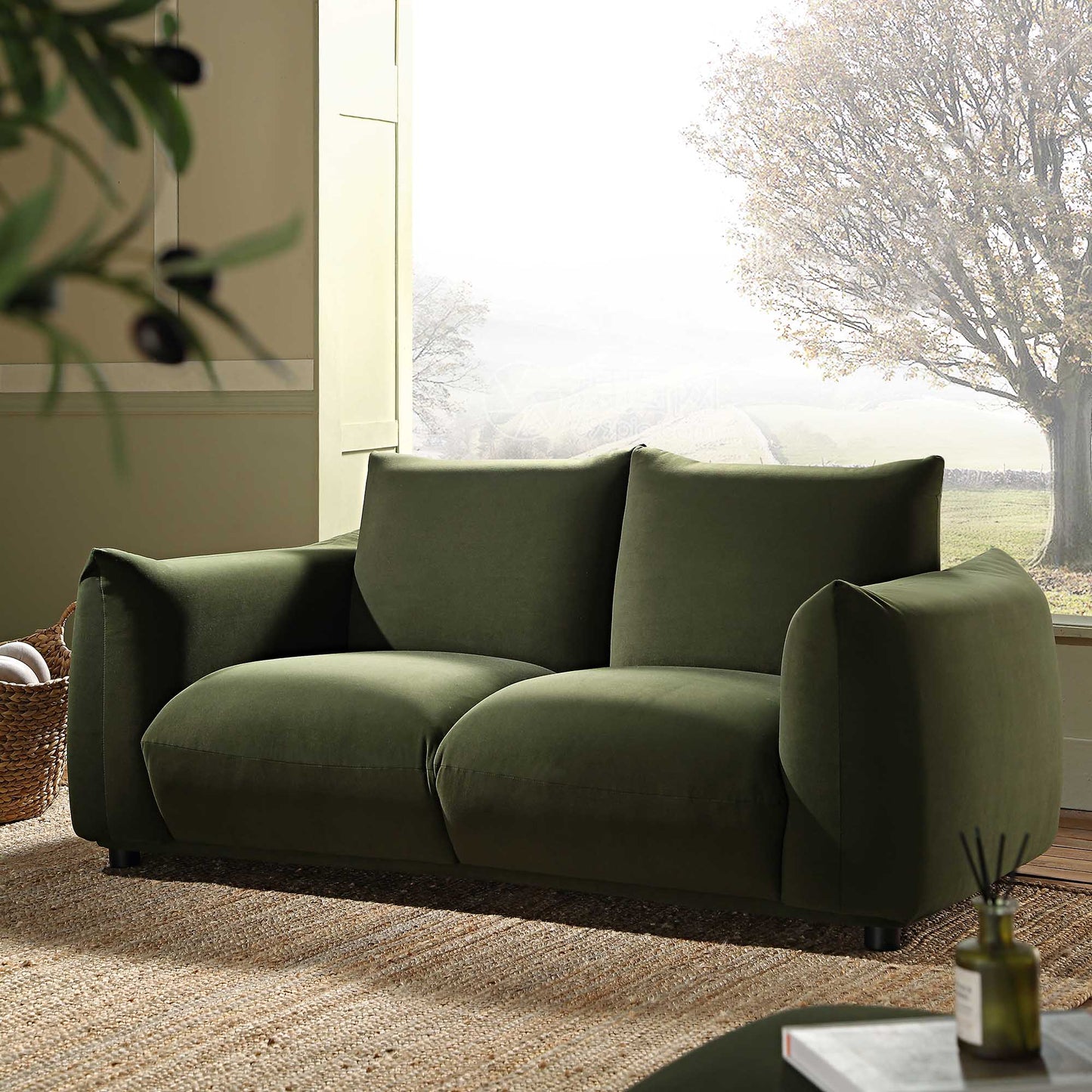 Two Seater Sofa in Moss Green Velvet with Clean Lines