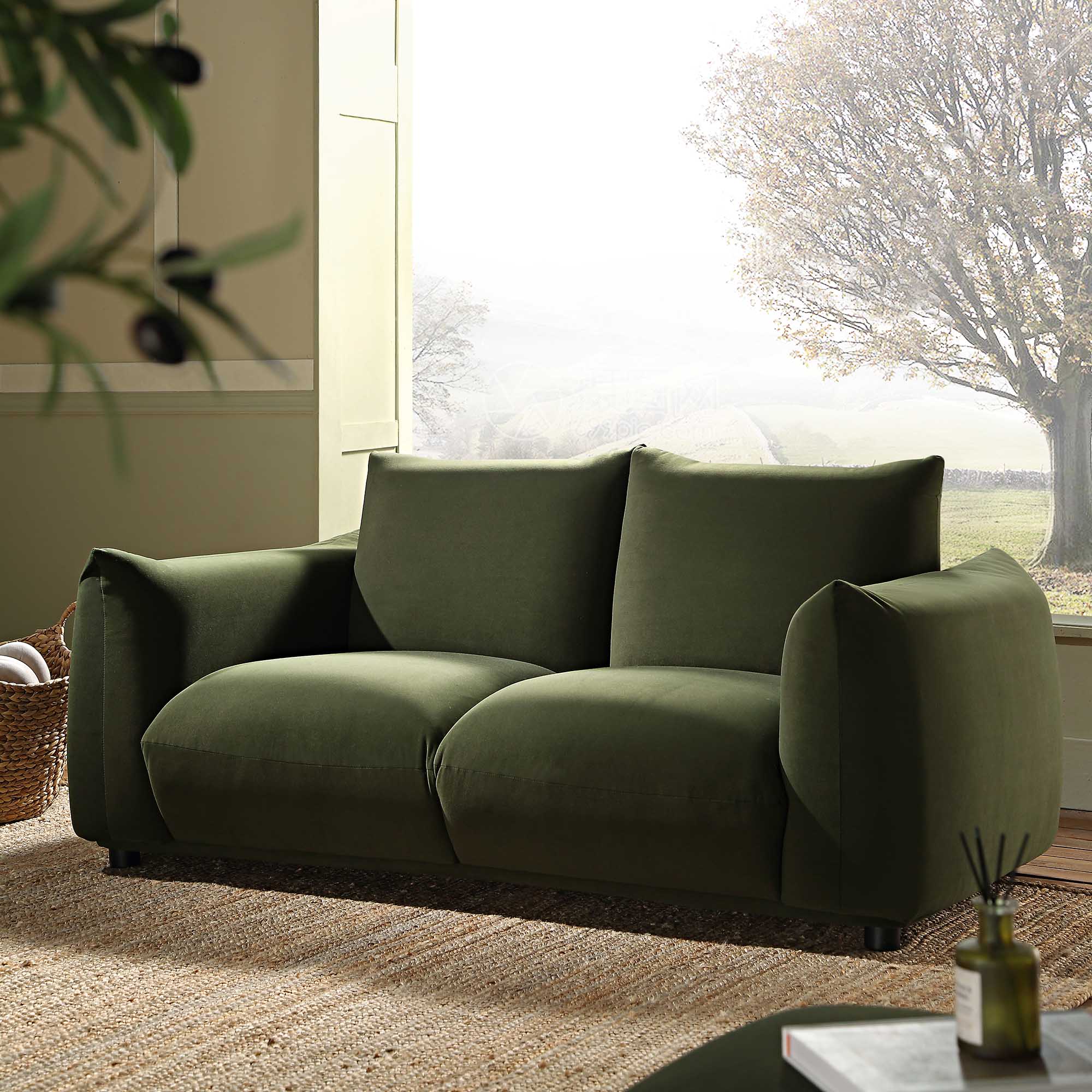 Two Seater Sofa in Moss Green Velvet with Clean Lines