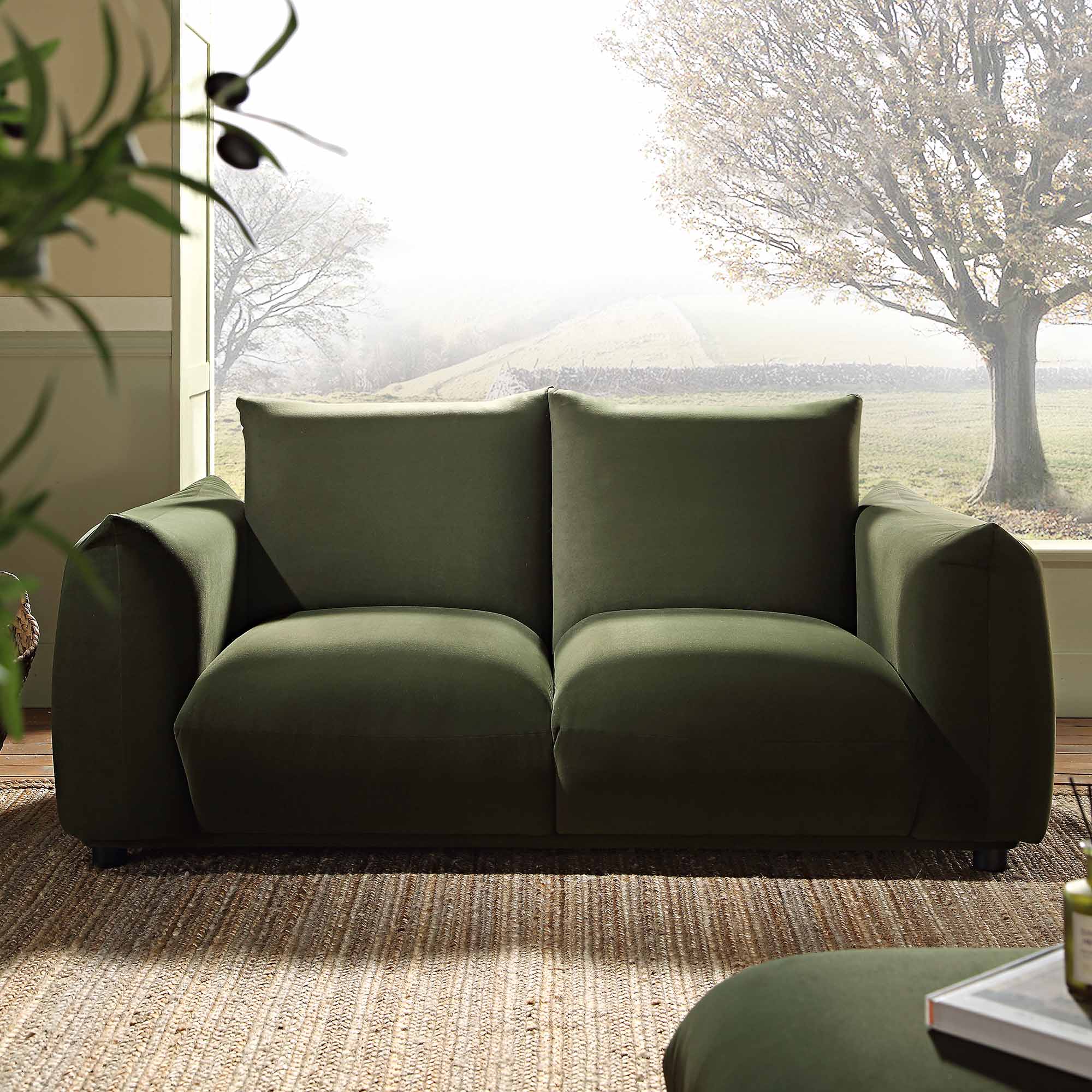 Two Seater Sofa in Moss Green Velvet with Clean Lines