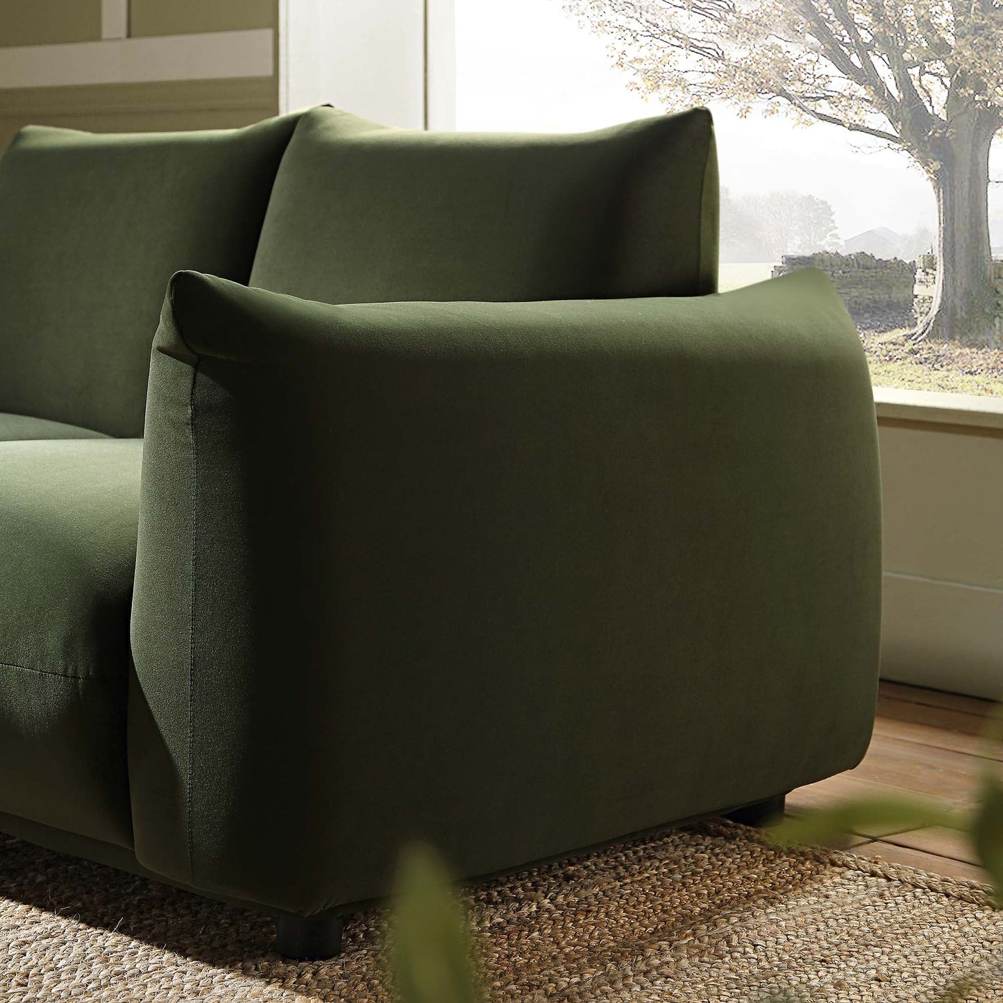 Two Seater Sofa in Moss Green Velvet with Clean Lines