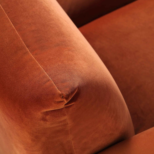 Two Seater Sofa in Rust Velvet with Sleek Armrests