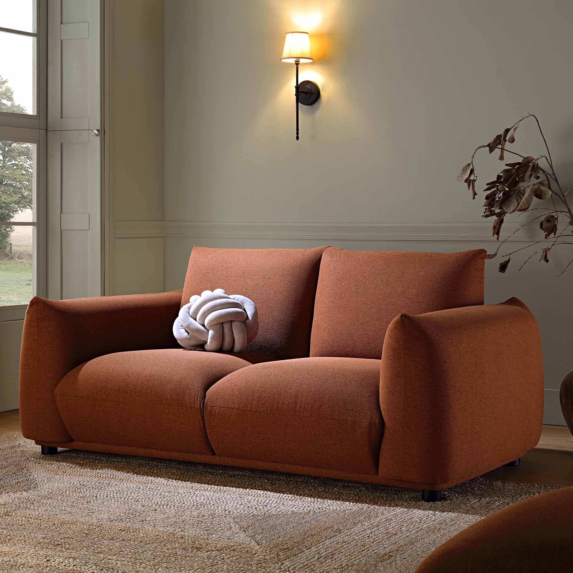 Two Seater Sofa in Terracotta Fabric with Sleek Lines