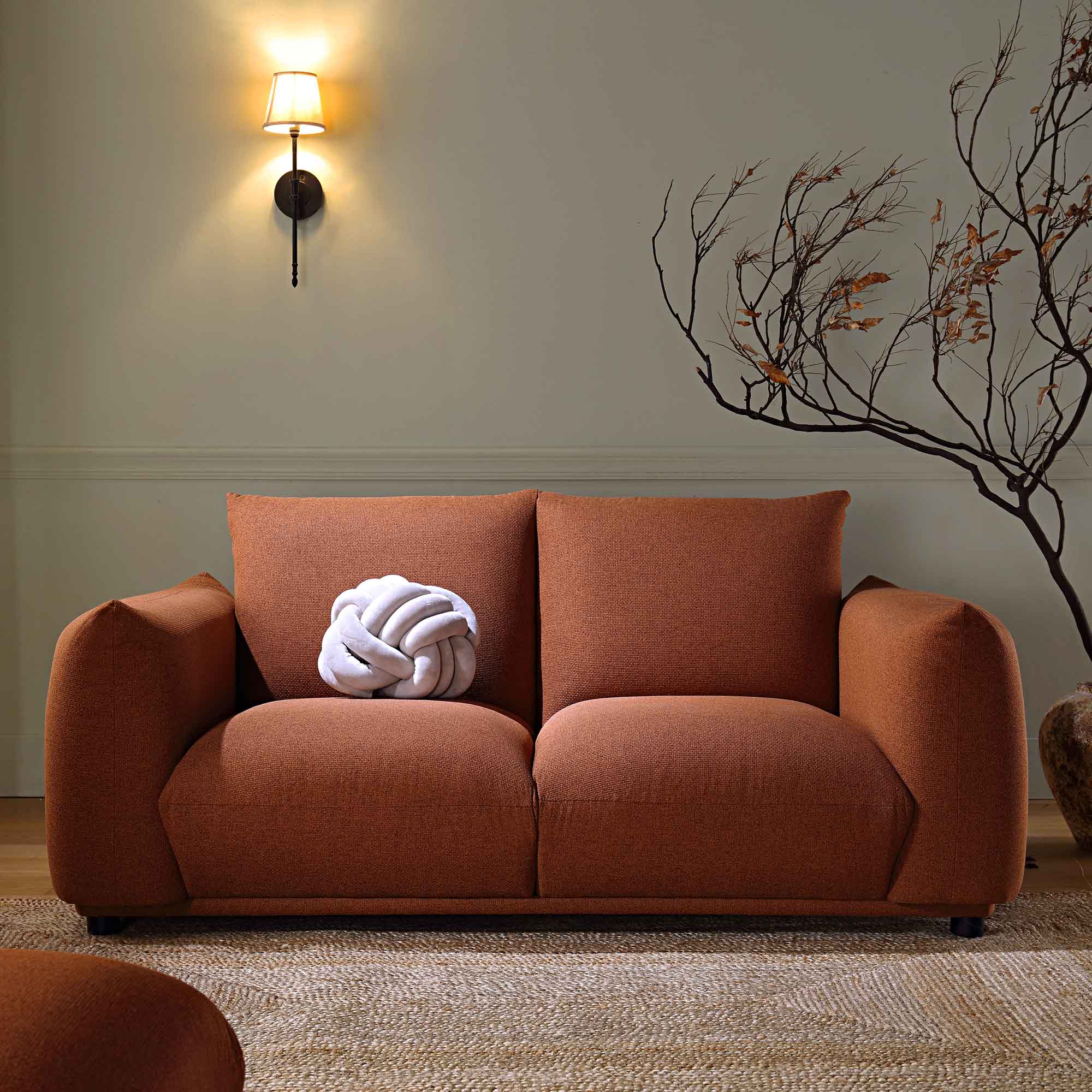 Two Seater Sofa in Terracotta Fabric with Sleek Lines