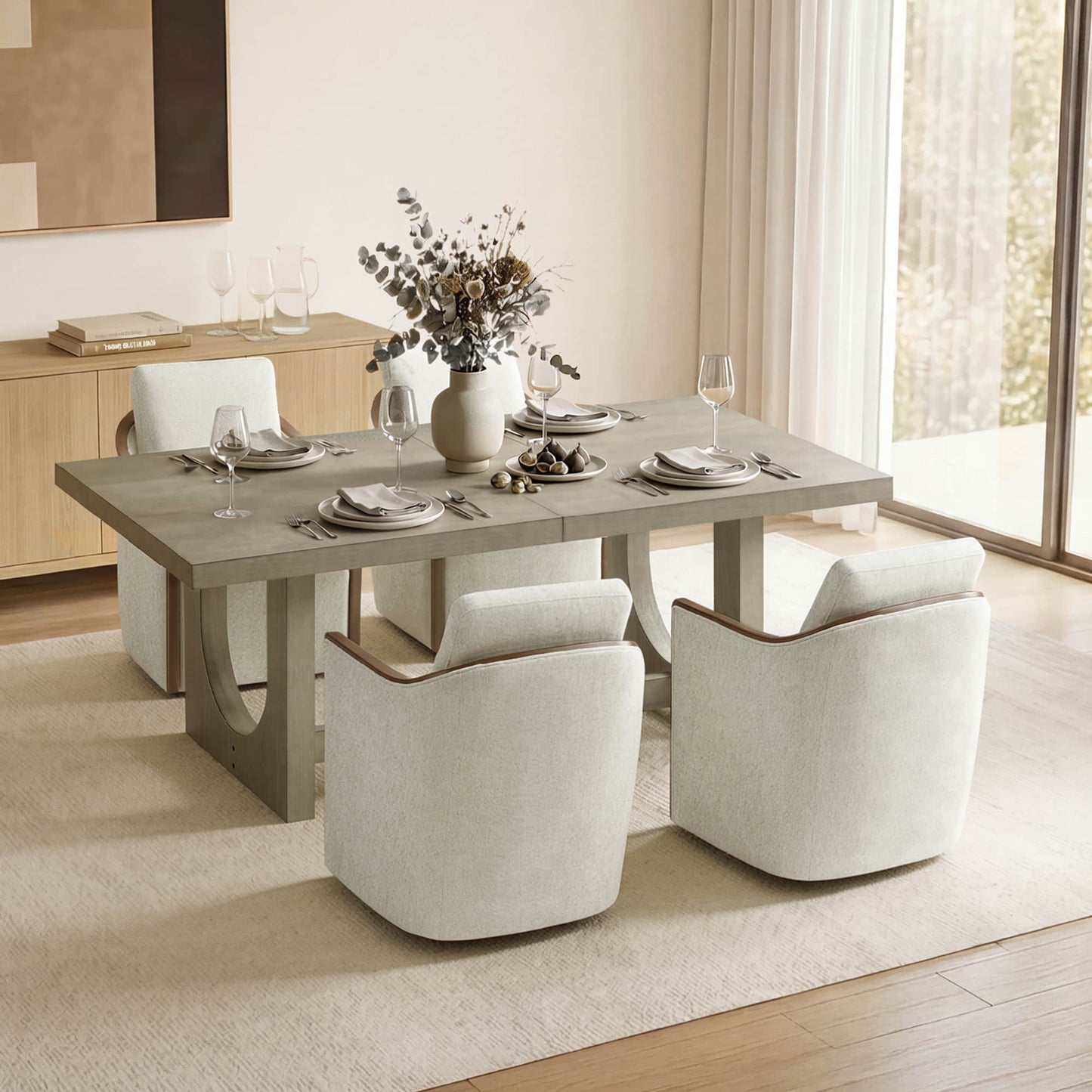 U-Shaped Extendable Dining Table with Wood Base, 78"-95.9" for 4-6