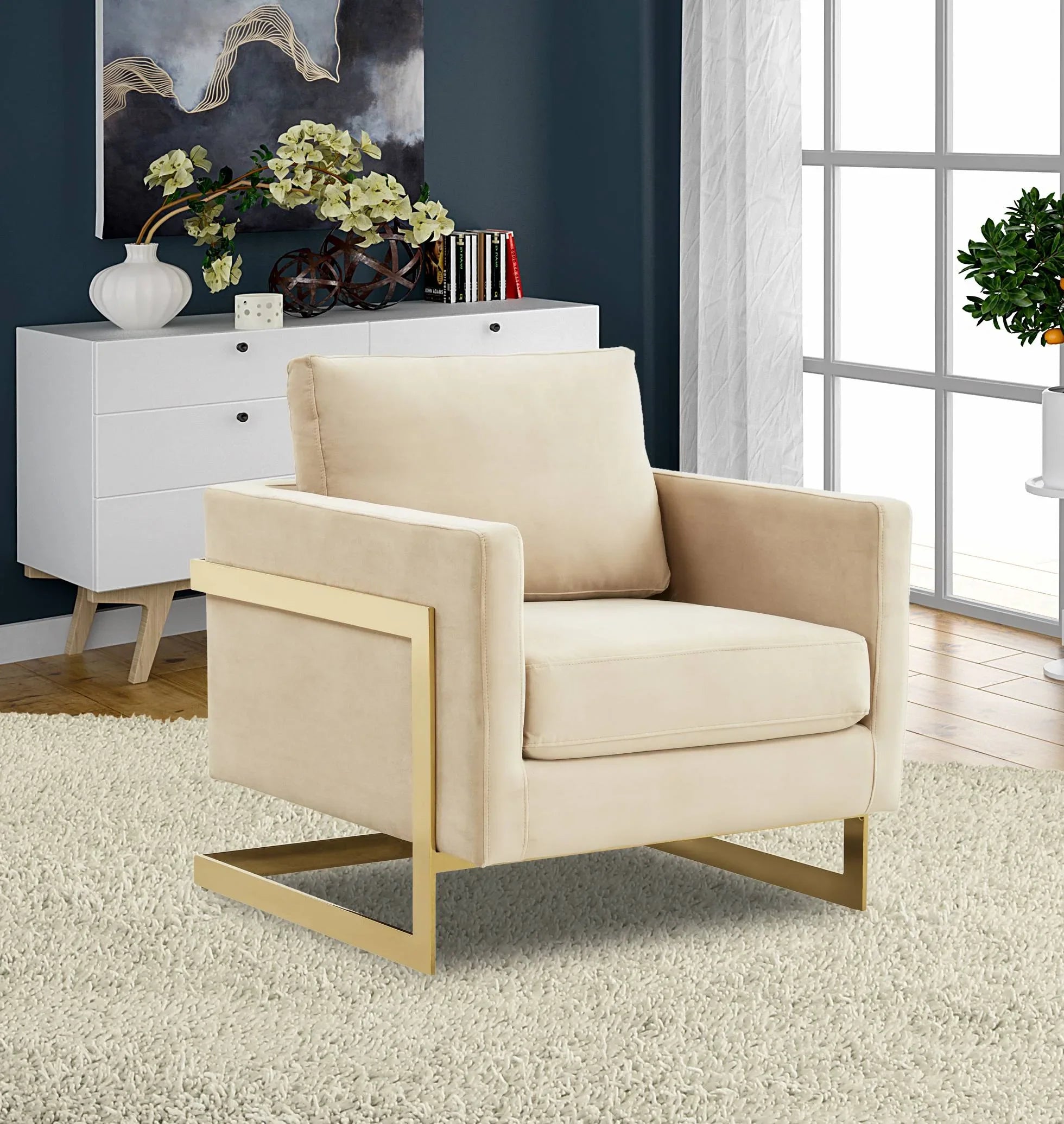 Upholstered Accent Armchair with Gold and Black Metal Frame