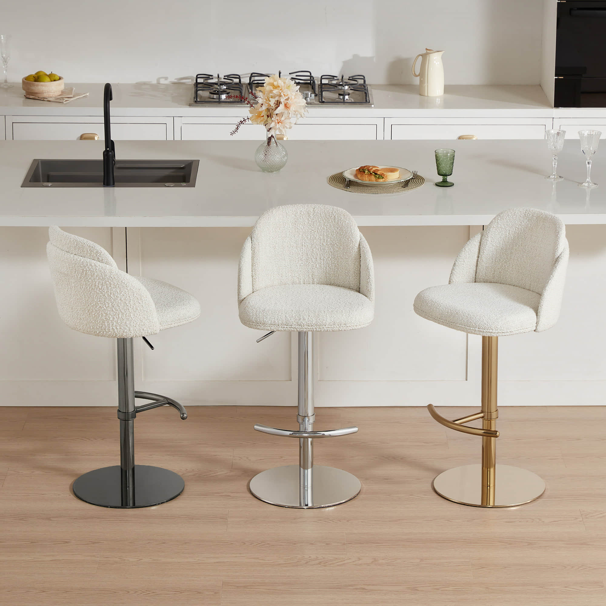 Upholstered Adjustable Height Swivel Bar Stools in Grey
