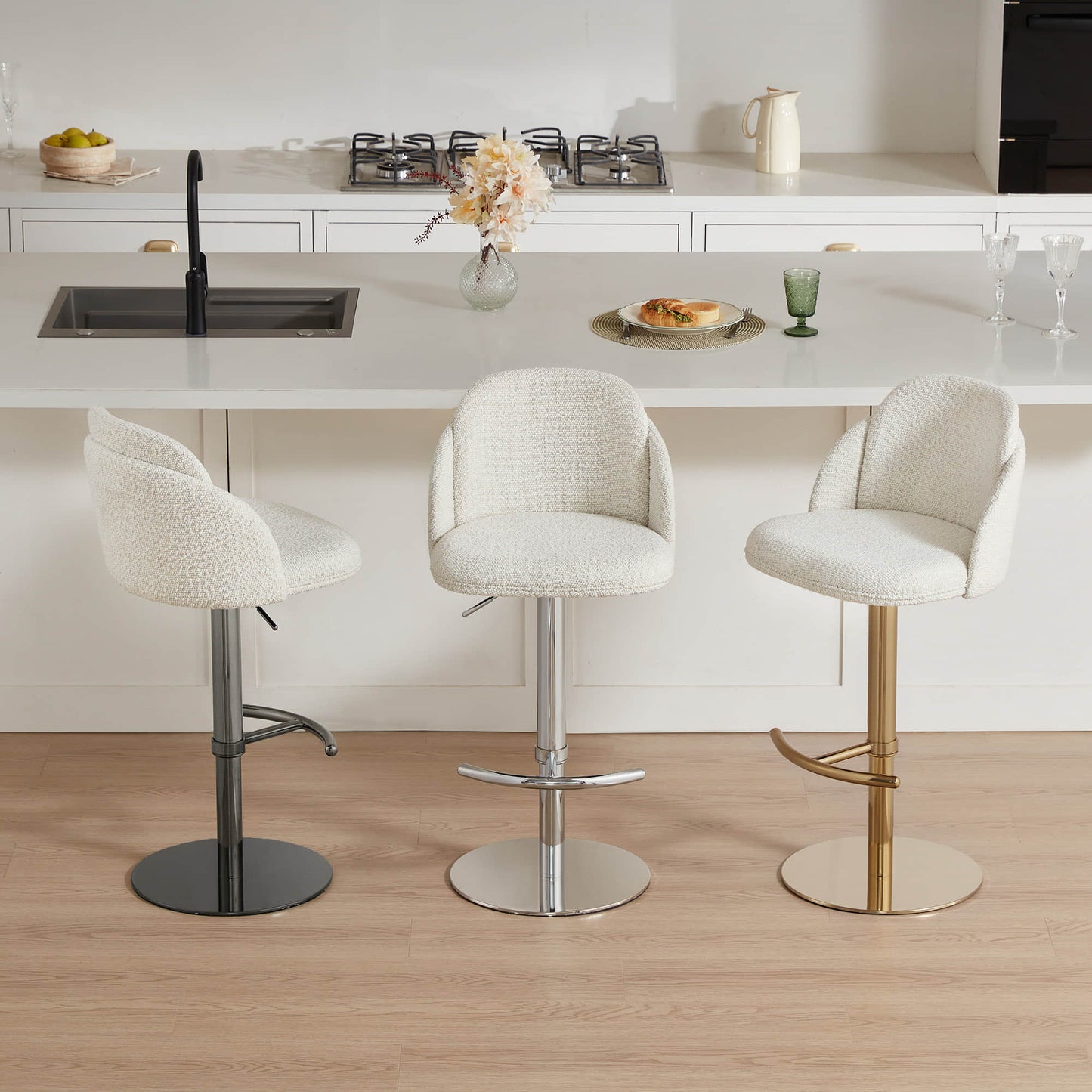 Upholstered Adjustable Height Swivel Bar Stools in Grey