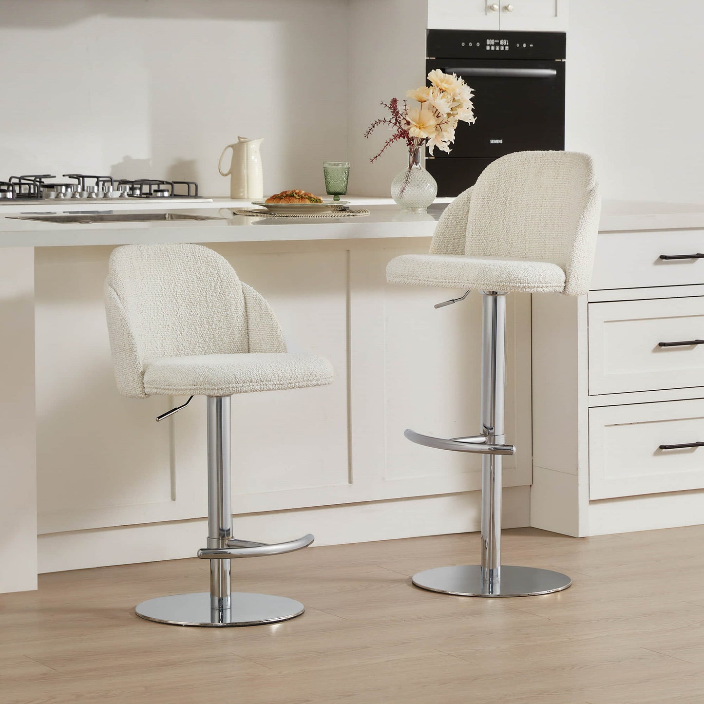 Upholstered Adjustable Height Swivel Bar Stools in Grey