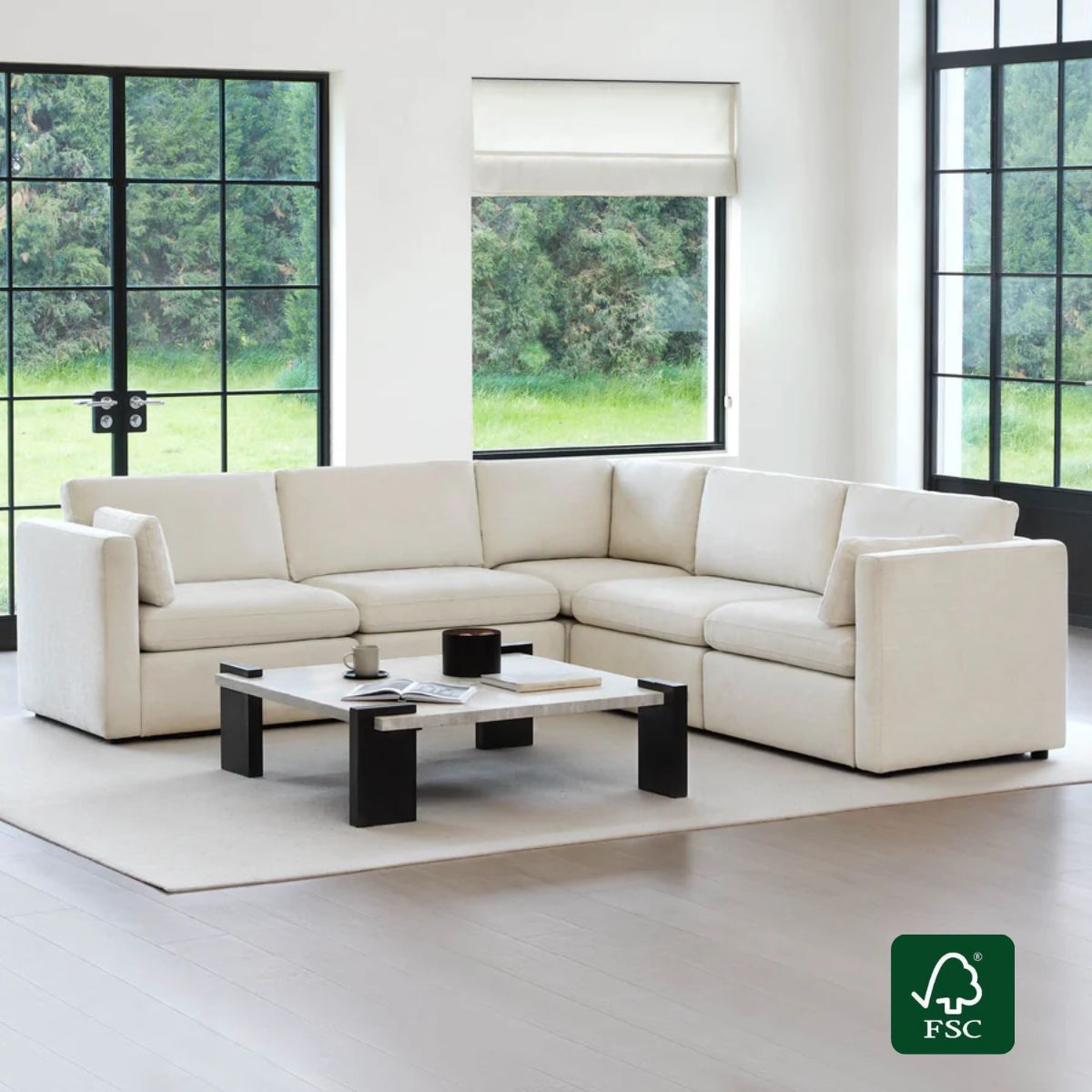 V Shaped Modular Sofa Chaise with 5 Seats in Fabric