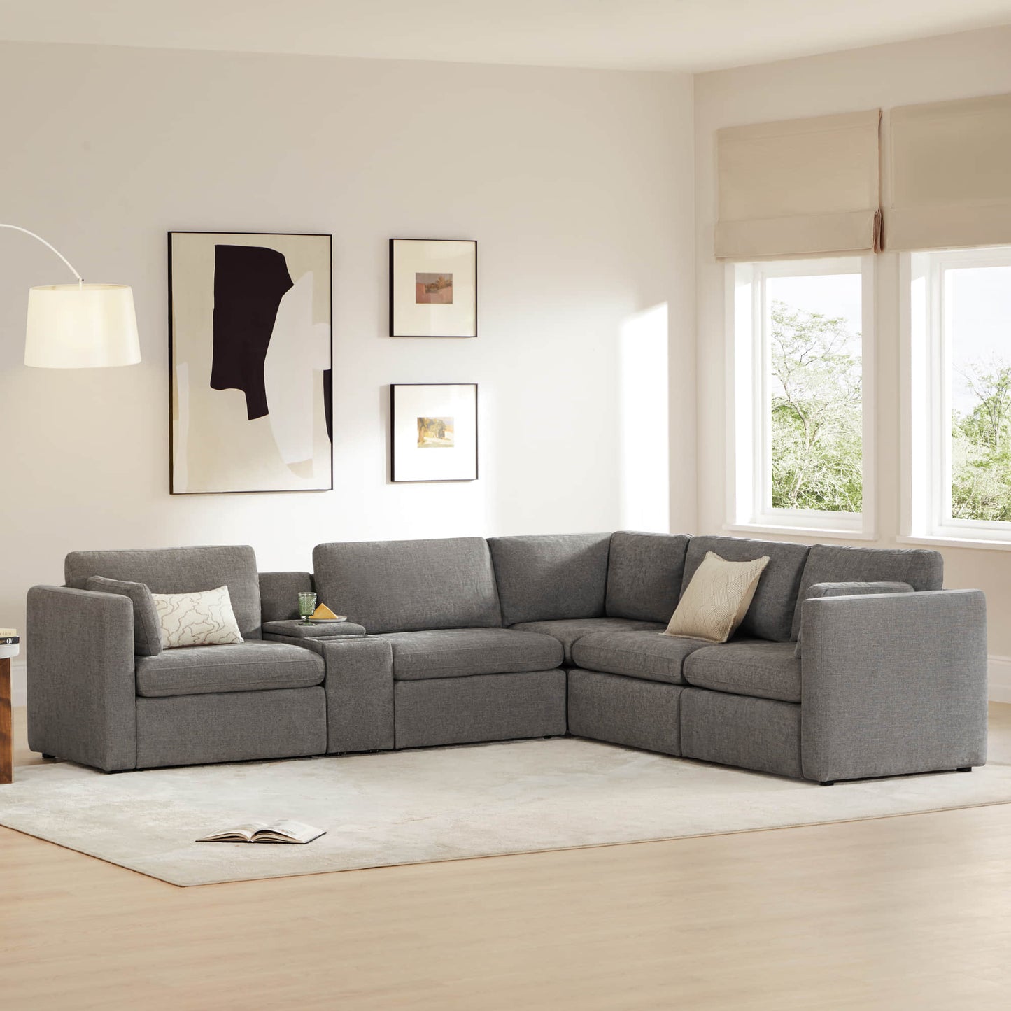 V Shaped Modular Sofa Chaise with 5 Seats in Fabric