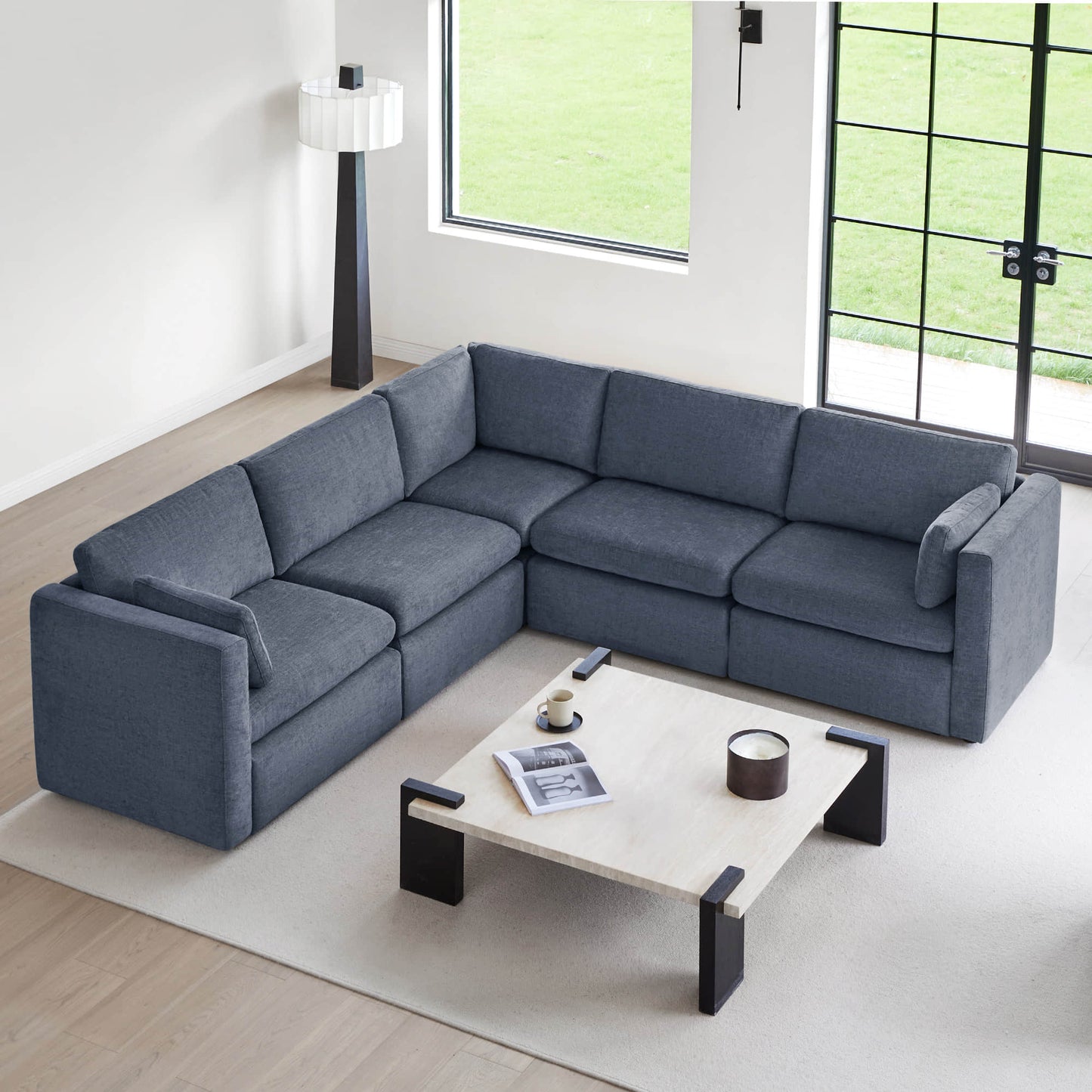V Shaped Modular Sofa Chaise with 5 Seats in Fabric