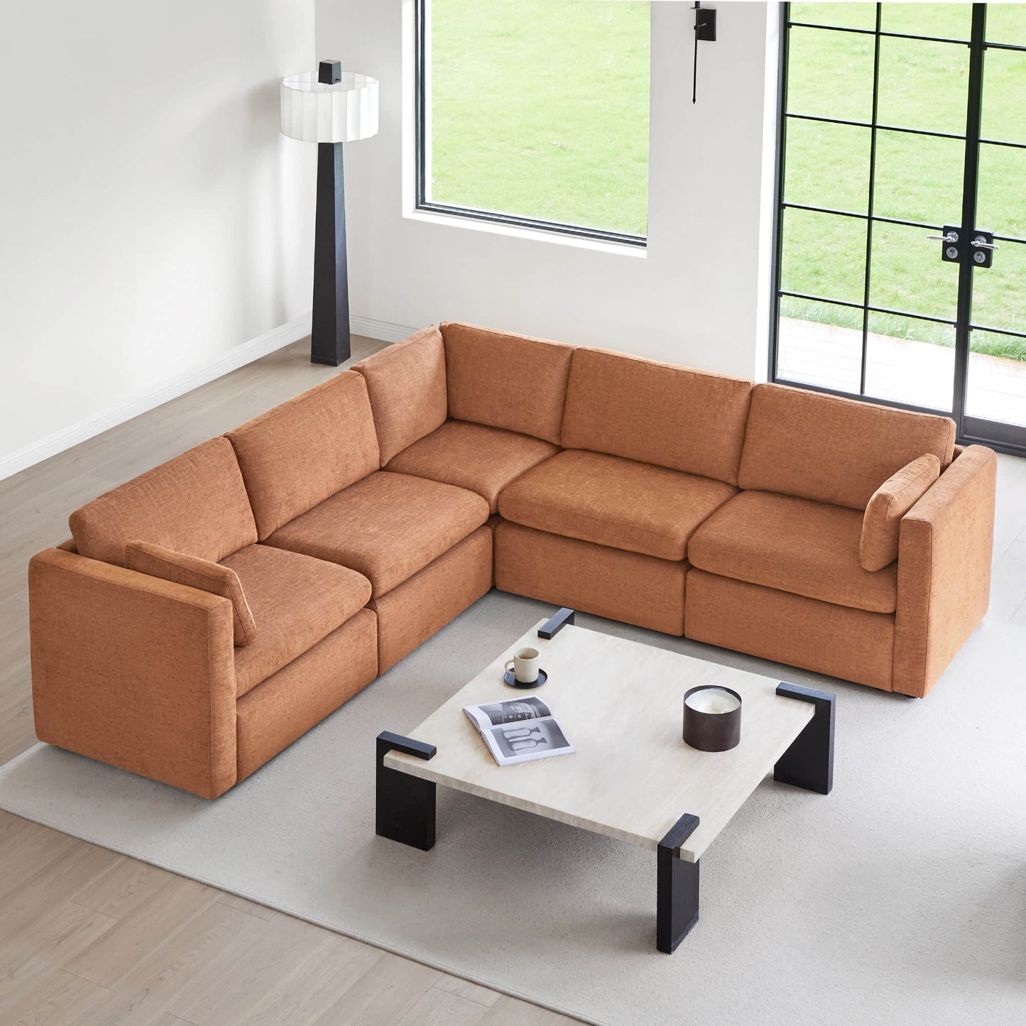 V Shaped Modular Sofa Chaise with 5 Seats in Fabric