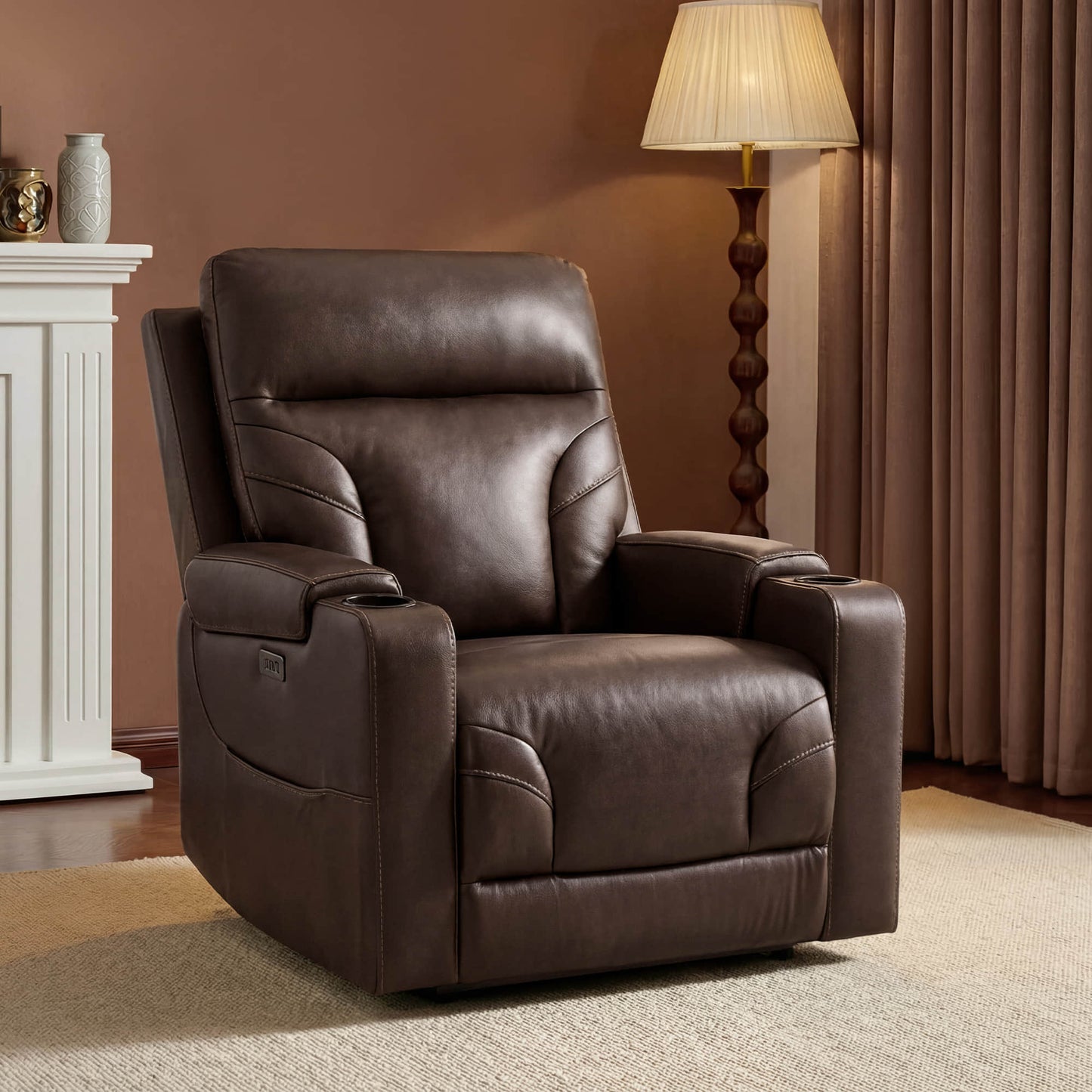 Wall Hugger Power Recliner in Genuine Leather with Cup Holders