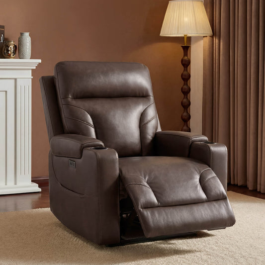 Wall Hugger Power Recliner in Genuine Leather with Cup Holders