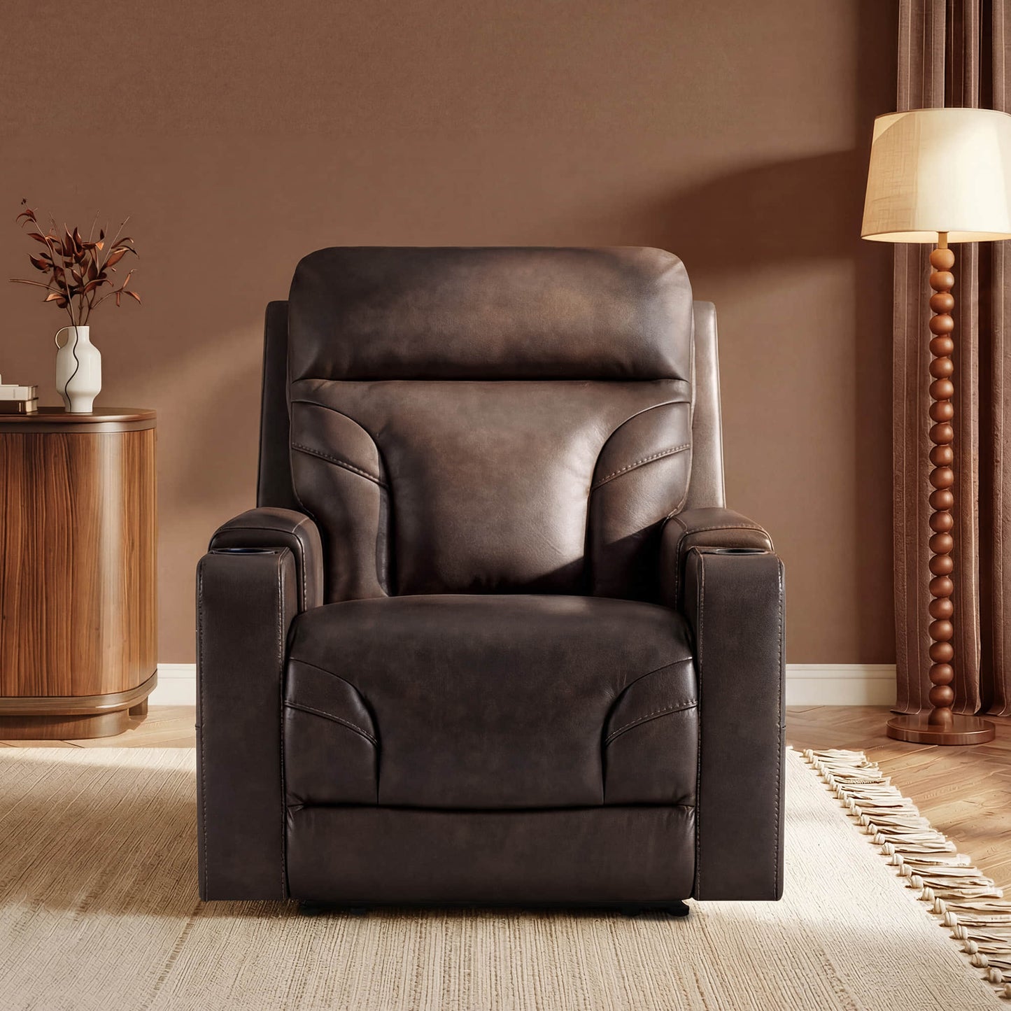 Wall Hugger Power Recliner in Genuine Leather with Cup Holders
