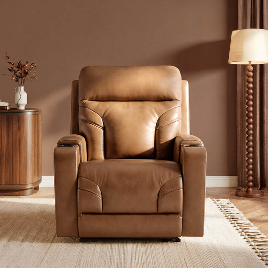 Wall Hugger Power Recliner in Genuine Leather with Cup Holders