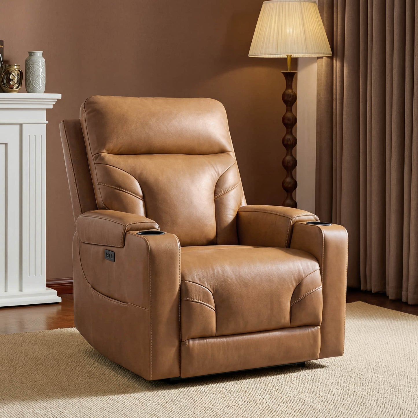 Wall Hugger Power Recliner in Genuine Leather with Cup Holders