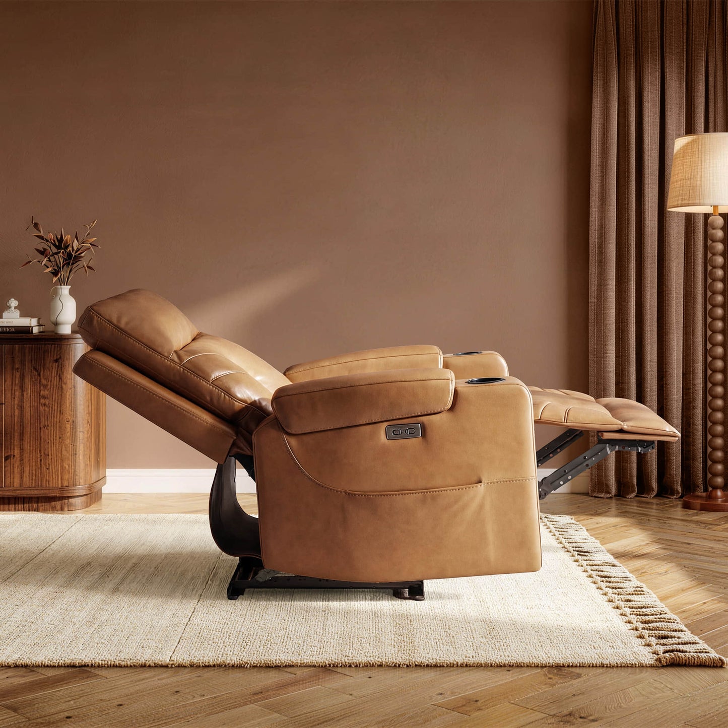 Wall Hugger Power Recliner in Genuine Leather with Cup Holders