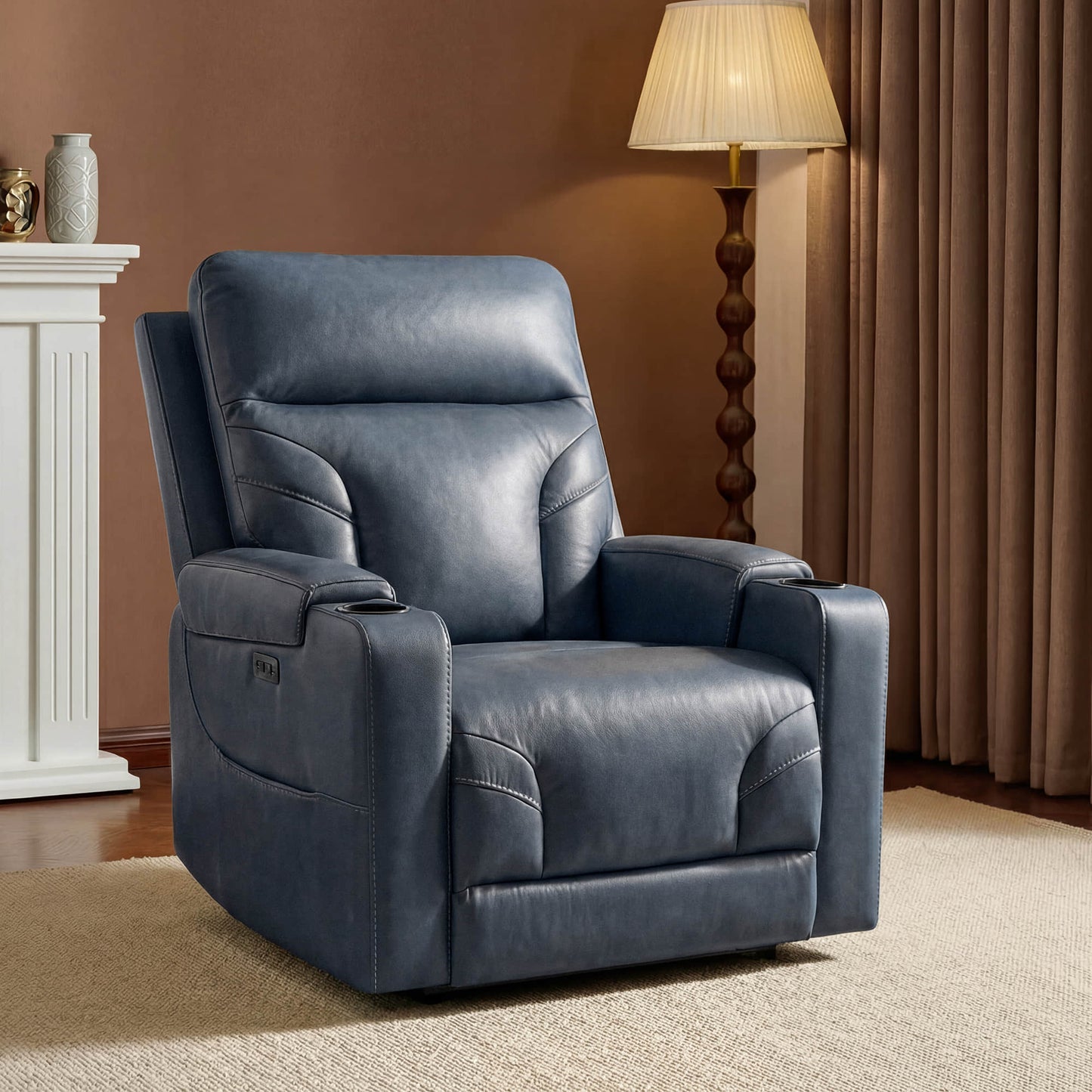 Wall Hugger Power Recliner in Genuine Leather with Cup Holders