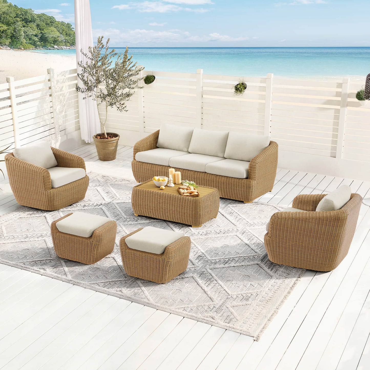 Wicker Outdoor Sofa Set with 5 Seats in Natural Finish