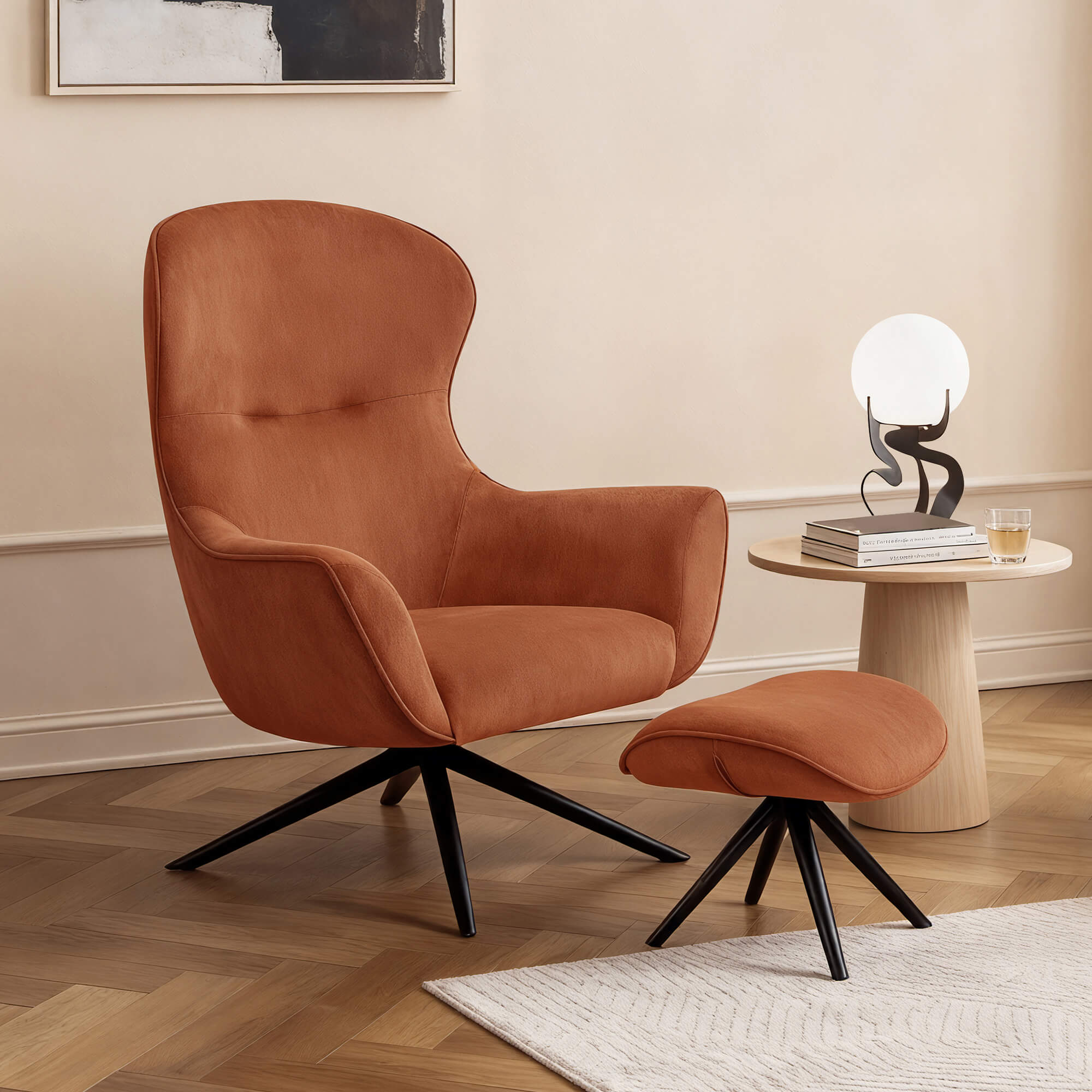 Wingback Reclining Chair with Ottoman in Classic Fabric