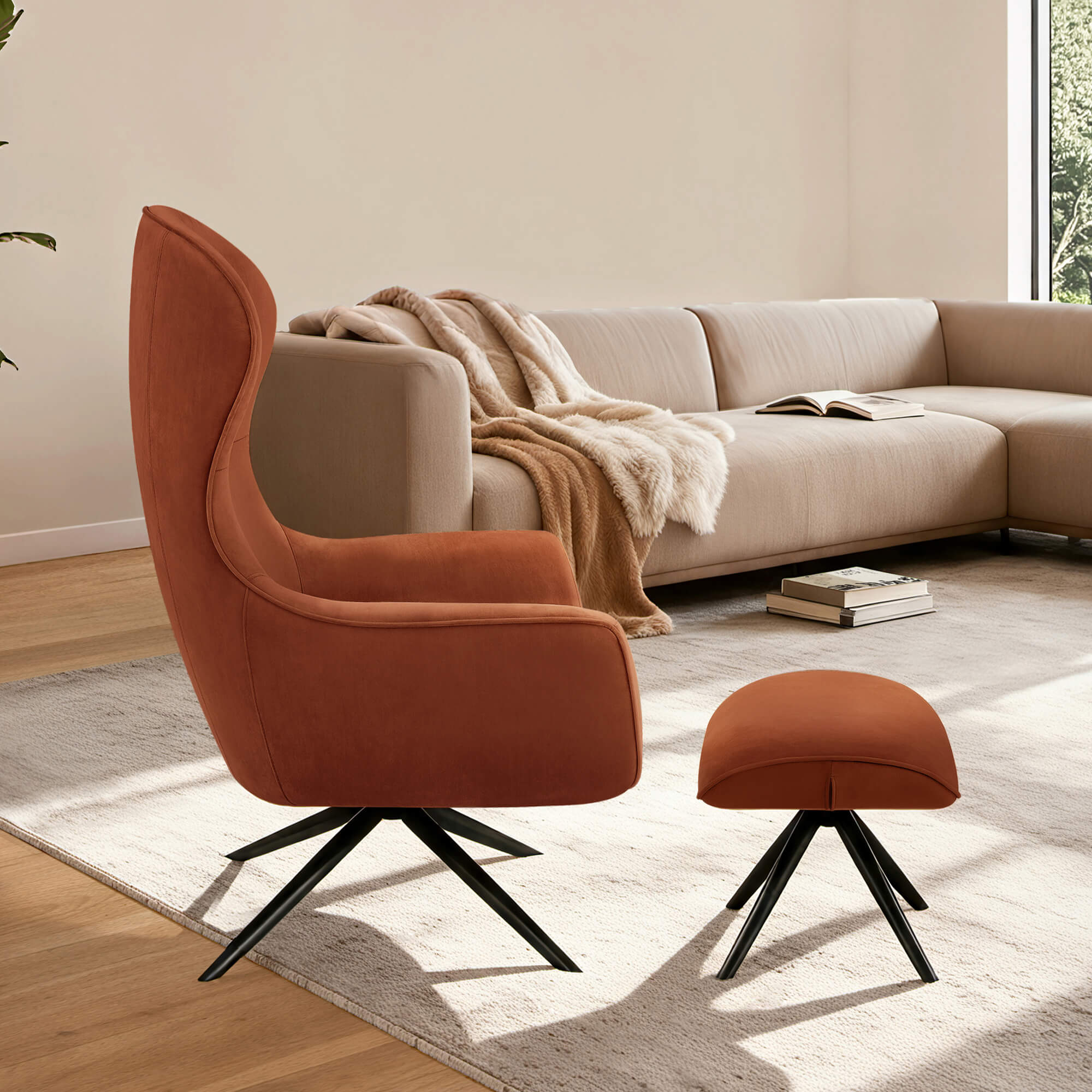 Wingback Reclining Chair with Ottoman in Classic Fabric