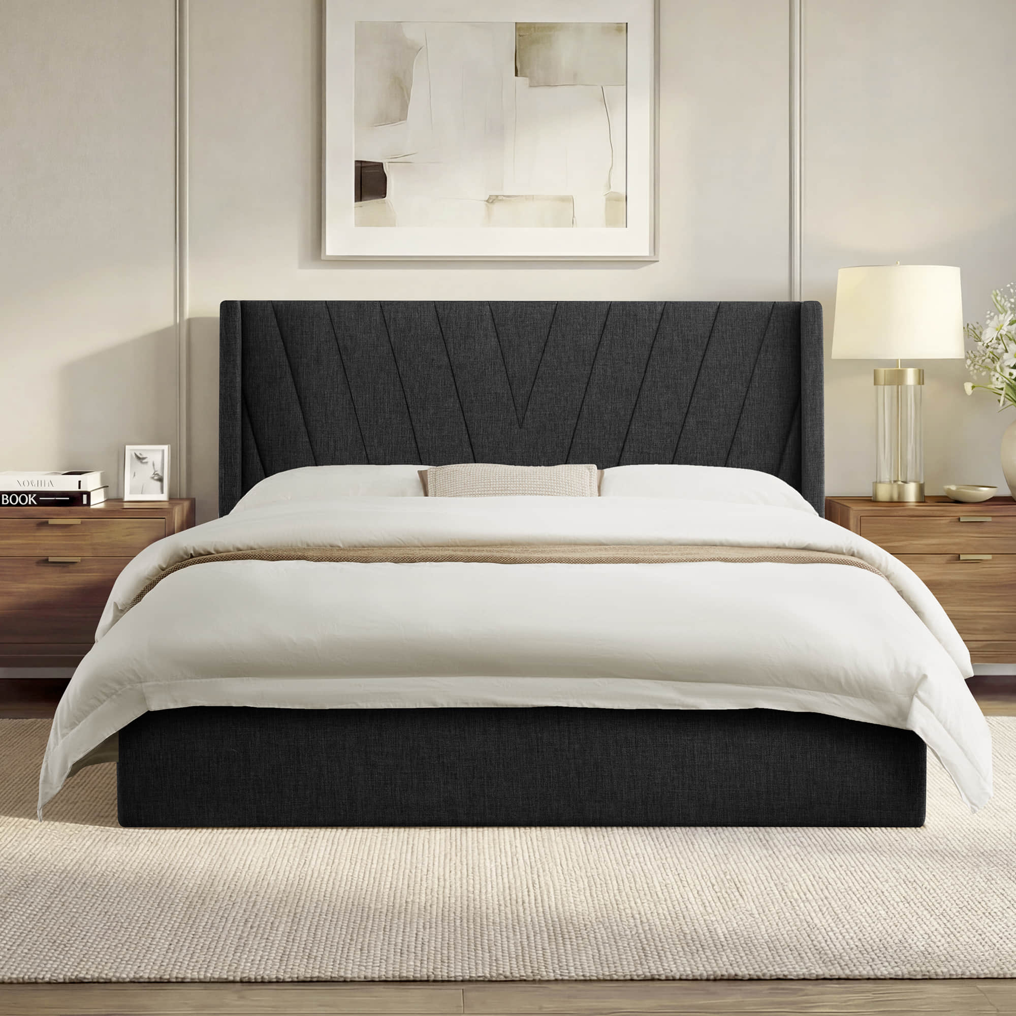 Wingback Upholstered Bed with Storage and Classic Design