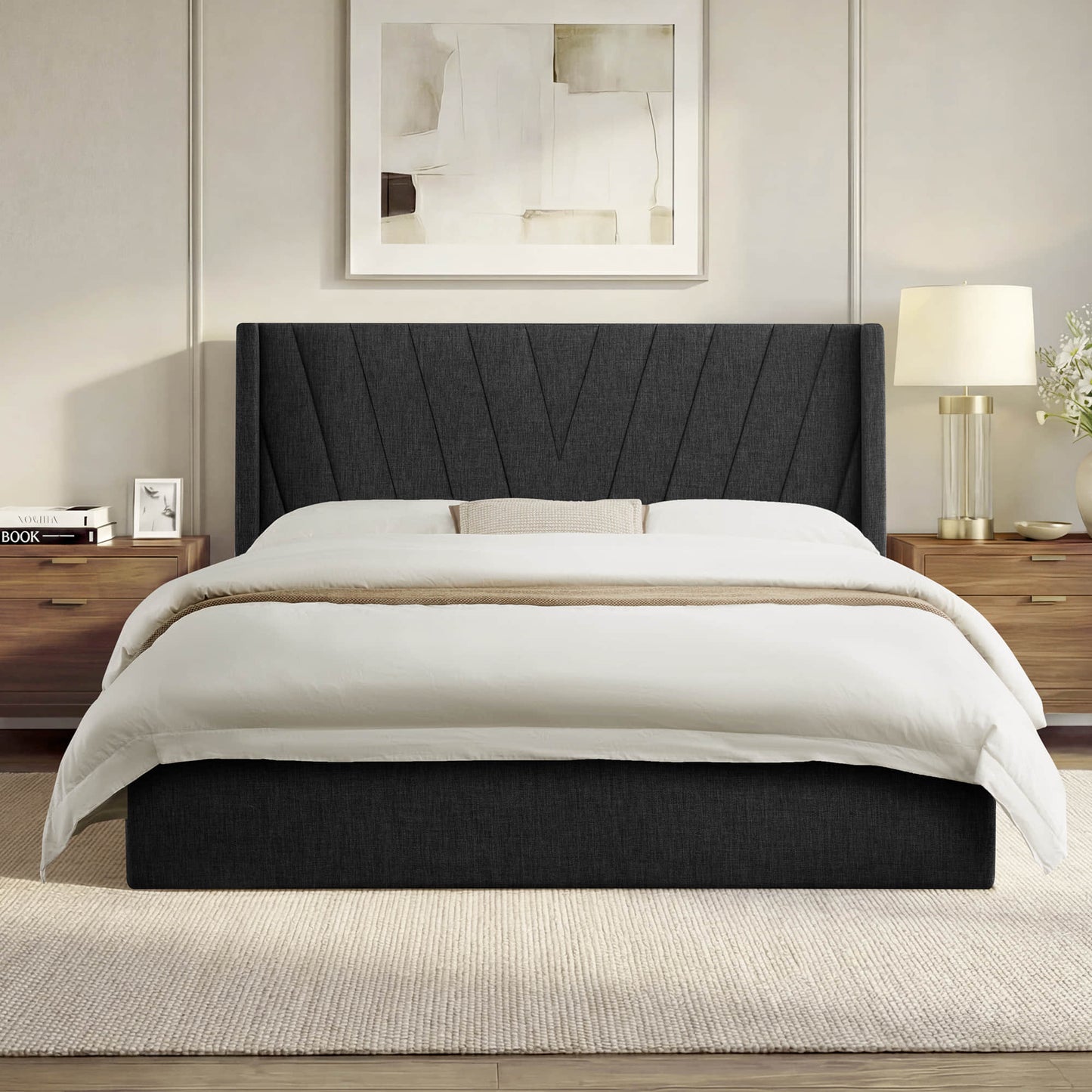 Wingback Upholstered Bed with Storage and Classic Design