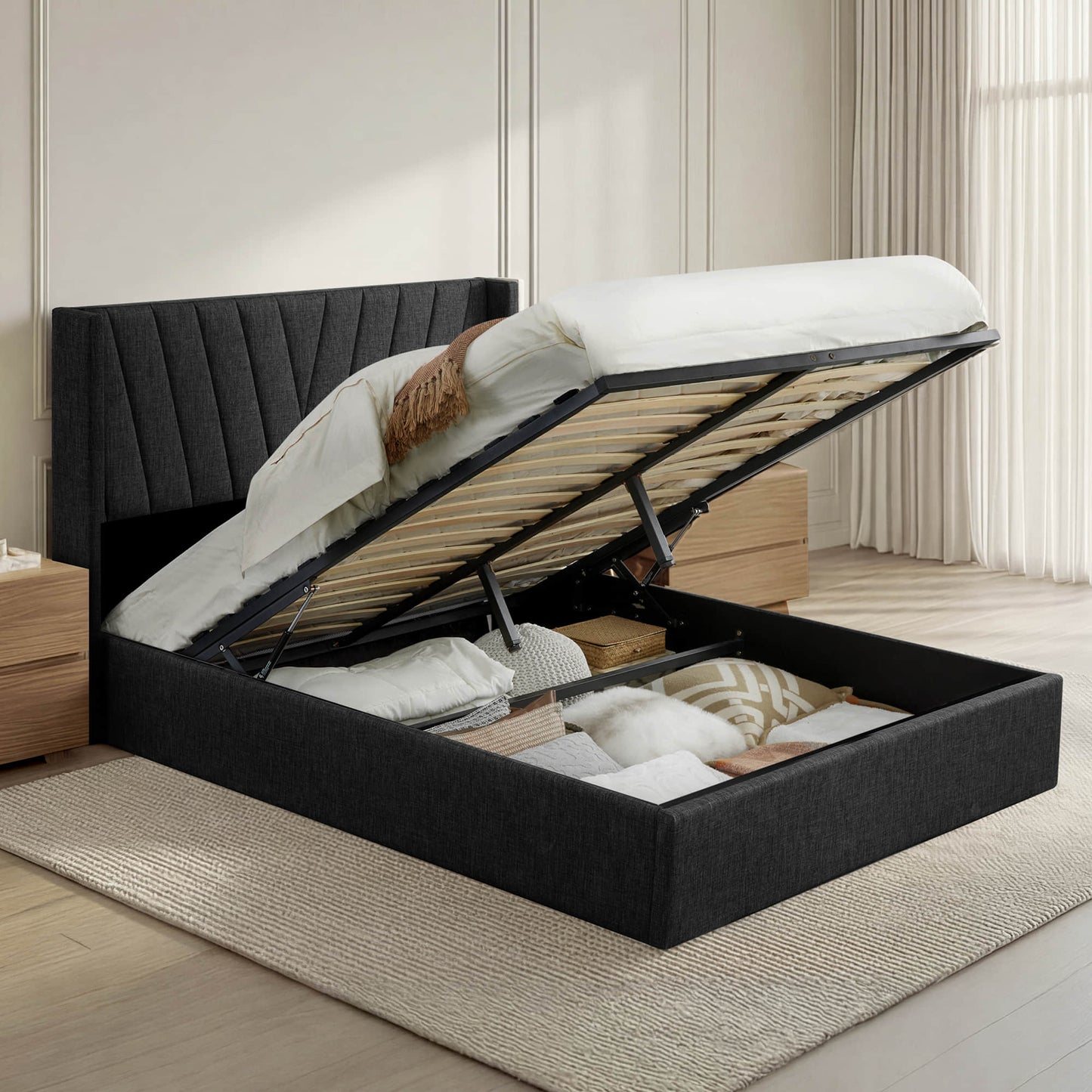 Wingback Upholstered Bed with Storage and Classic Design