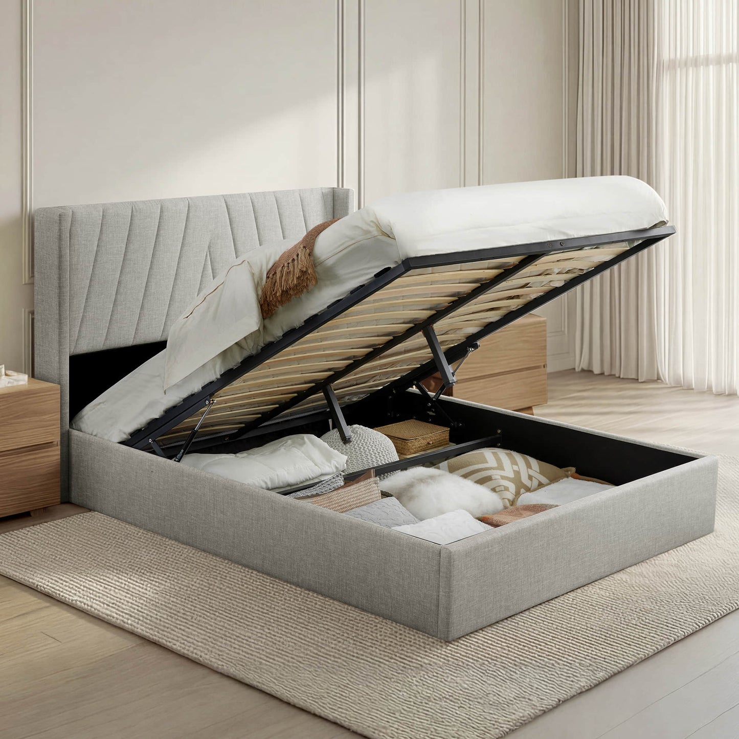 Wingback Upholstered Bed with Storage and Classic Design