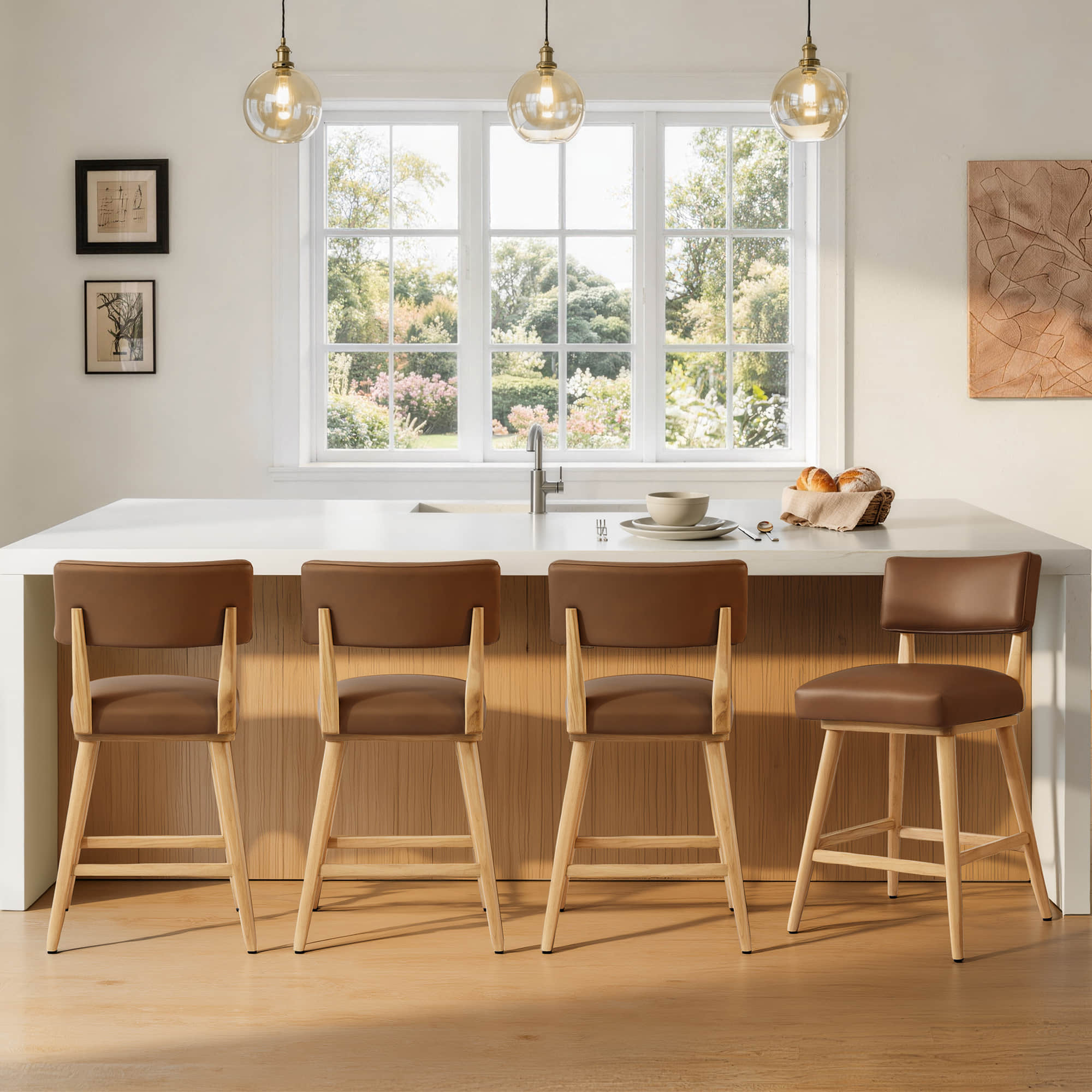 Wood Base Swivel Bar Stool Set with Modern Design
